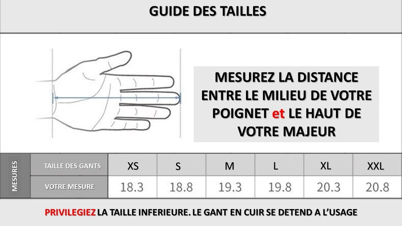 guide des tailles gants de golf en cuir